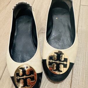 Tory Burch Black and Cream Flats with Gold Accent